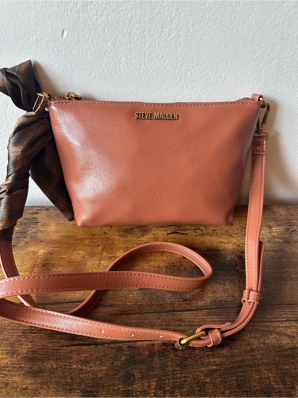 Steve Madden Crossbody Bag Coral Copper with Brown Bag Scarf Women’s Purse NWOT